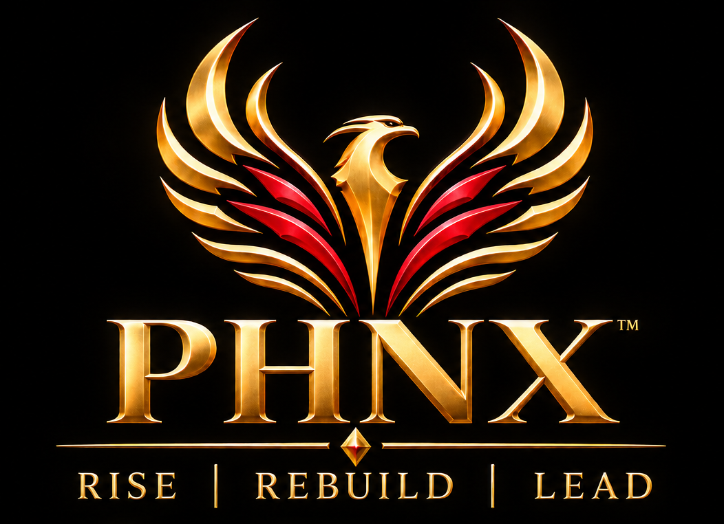 PHNX gold and crimson emblem, PHNX, Rise Rebuild Lead