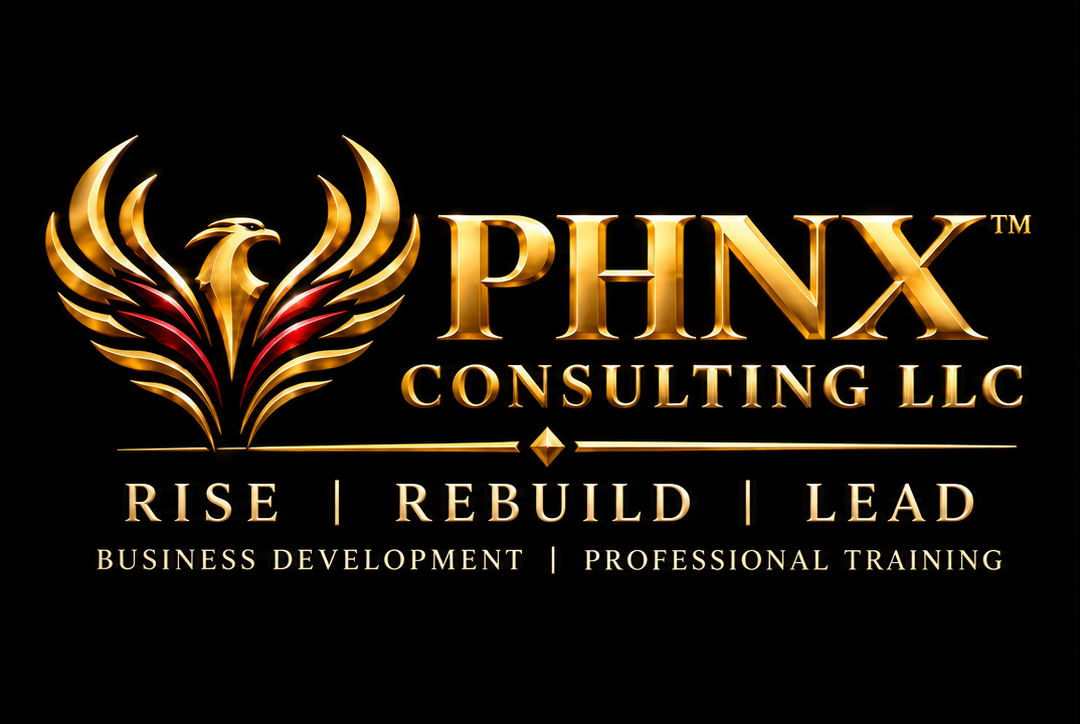 PHNX Consulting LLC official gold and crimson corporate logo on black