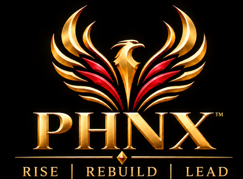 Phoenix gold and crimson emblem, PHNX, Rise Rebuild Lead